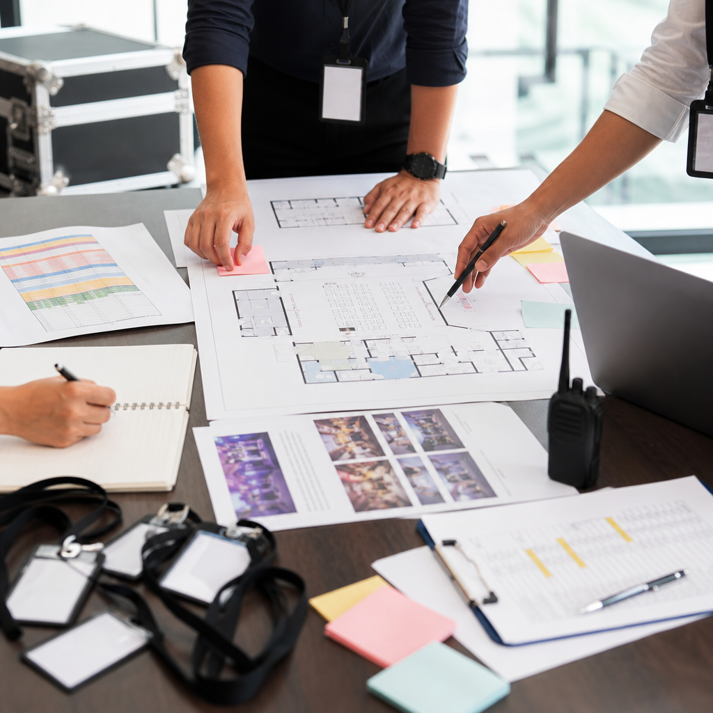Professionals collaborating on event compliance strategy